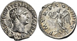 Trajan, 98-117. Denarius (Silver, 19 mm, 3.34 g, 7 h), Rome, 101-102. IMP CAES NERVA TRAIAN AVG GERM Laureate head of Trajan to right. Rev. P M TR P C...