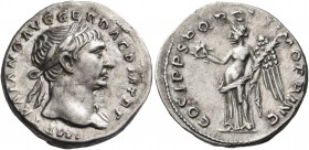 Trajan, 98-117. Denarius (Silver, 19.5 mm, 2.98 g, 6 h), Rome, 107-108. IMP TRAIANO AVG GER DAC P M TR P Laureate head of Trajan to right, with slight...
