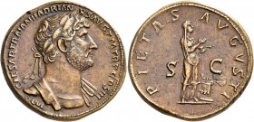 Hadrian, 117-138. Sestertius (Orichalcum, 33 mm, 27.04 g, 6 h), Rome, April - late 121. IMP - CAESAR TRAIAN HADRIAN - VS AVG P M TR P COS III Laureate...