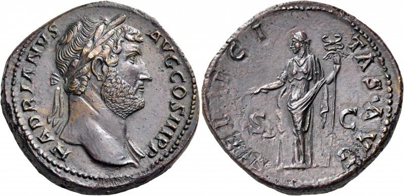 Hadrian, 117-138. Sestertius (Orichalcum, 33 mm, 26.21 g, 6 h), Rome, 136. HADRI...