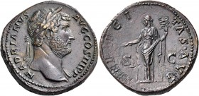 Hadrian, 117-138. Sestertius (Orichalcum, 33 mm, 26.21 g, 6 h), Rome, 136. HADRIANVS AVG COS III P P Laureate bust of Hadrian to right, with slight dr...