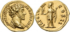 Marcus Aurelius, as Caesar, 139-161. Aureus (Gold, 20 mm, 7.22 g, 6 h), struck under Antoninus Pius, Rome, 153-154. AVRELIVS CAE-SAR AVG PII FIL Bare-...