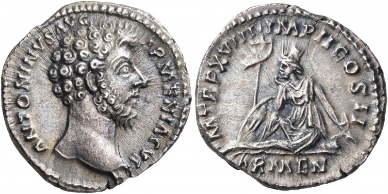 Marcus Aurelius, 161-180. Denarius (Silver, 18 mm, 2.95 g, 6 h), Rome, 163-164. ...