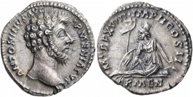 Marcus Aurelius, 161-180. Denarius (Silver, 18 mm, 2.95 g, 6 h), Rome, 163-164. ANTONINVS AVG ARMENIACVS Bare head of Marcus Aurelius to right. Rev. P...
