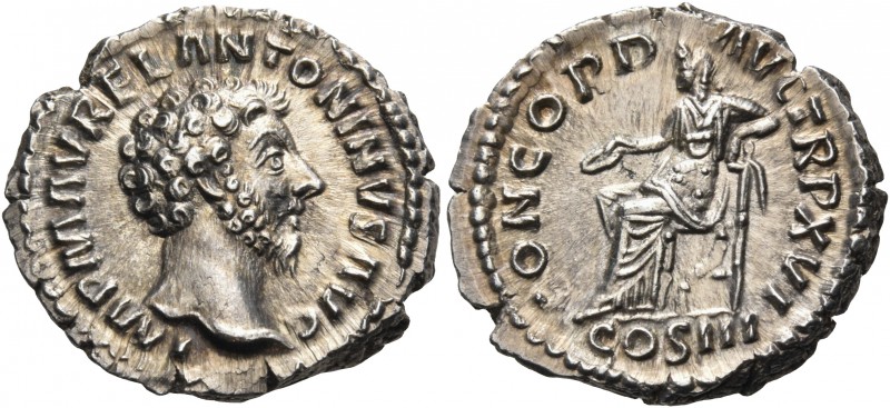 Marcus Aurelius, 161-180. Denarius (Silver, 19 mm, 3.28 g, 12 h), Rome, December...