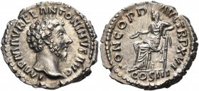 Marcus Aurelius, 161-180. Denarius (Silver, 19 mm, 3.28 g, 12 h), Rome, December 161 - December 162. IMP M AVREL ANTONINVS AVG Bare head of Marcus Aur...