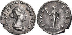 Faustina Junior, wife of Marcus Aurelius, Augusta, 147-175. Denarius (Silver, 18 mm, 3.28 g, 11 h), Rome, circa 161-164. FAVSTINA AVGVSTA Draped bust ...