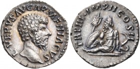 Lucius Verus, 161-169. Denarius (Silver, 17.5 mm, 2.69 g, 6 h), Rome, 163. L VERVS AVG ARMENIACVS Bare head of Lucius Verus to right. Rev. TR P III IM...