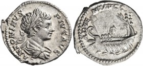 Caracalla, 198-217. Denarius (Silver, 19 mm, 3.29 g, 7 h), Rome, 201-202. ANTONINVS PIVS AVG Laureate and draped bust of Caracalla to right. Rev. ADVE...