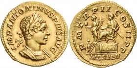 Elagabalus, 218-222. Aureus (Gold, 20.5 mm, 6.36 g, 12 h), Rome, 219. IMP ANTONINVS PIVS AVG Laureate and cuirassed bust of Elagabalus to right. Rev. ...