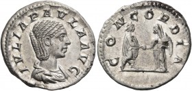 Julia Paula, first wife of Elagabalus, Augusta, 219-220. Denarius (Silver, 19 mm, 3.29 g, 6 h), Rome. IVLIA PAVLA AVG Draped bust of Julia Paula to ri...