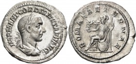 Gordian I, 238. Denarius (Silver, 20 mm, 3.02 g, 6 h), Rome, 1-22 April 238. IMP M ANT GORDIANVS FEL AVG Laureate, draped and cuirassed bust of Gordia...