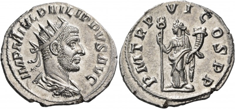 Philip I, 244-249. Antoninianus (Silver, 23 mm, 3.92 g, 1 h), Antioch, 249. IMP ...