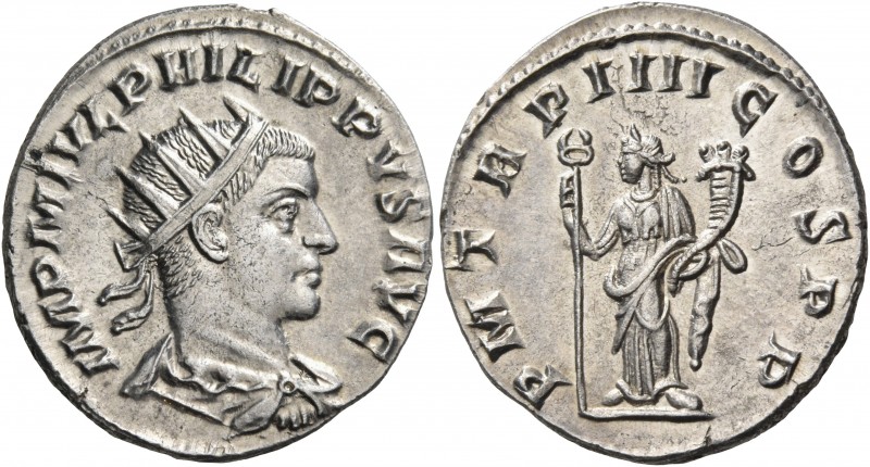 Philip II, 247-249. Antoninianus (Silver, 21 mm, 3.77 g, 12 h), Antioch, 247. IM...
