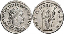Philip II, 247-249. Antoninianus (Silver, 21 mm, 3.77 g, 12 h), Antioch, 247. IMP M IVL PHILIPPVS AVG Radiate, draped and cuirassed beardless bust of ...