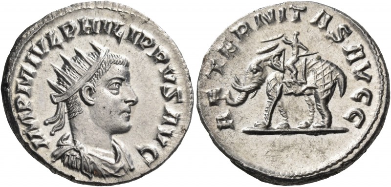 Philip II, 247-249. Antoninianus (Silver, 21 mm, 4.32 g, 5 h), Antioch, 247-249....