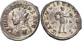 Carinus, 283-285. Antoninianus (Bronze, with traces of silvering, 23 mm, 4.13 g, 7 h), Lugdunum. IMP CARINVS P F AVG Radiate and cuirassed bust of Car...