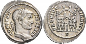 Constantius I, as Caesar, 293-305. Argenteus (Silver, 20.5 mm, 2.77 g, 6 h), Rome, 3rd officina, 295-297. CONSTAN-TIVS CAES Laureate head of Constanti...