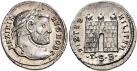 Galerius, as Caesar, 293-305. Argenteus (Silver, 20 mm, 3.30 g, 12 h), Thessalonica, 2nd officina, c. 302. MAXIMIA-NVS NOB C Laureate head of Galerius...