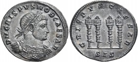 Crispus, Caesar, 316-326. Light Miliarense (Silver, 24 mm, 4.10 g, 6 h), Siscia, early 326. DN CRISPVS NOB CAESAR Laureate and cuirassed bust of Crisp...