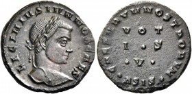 Licinius II, Caesar, 317-324. Follis (Bronze, 19 mm, 2.73 g, 1 h), Siscia, 4th officina, 320. LICINIVS IVN NOB CAES Laureate head of Licinius II to ri...
