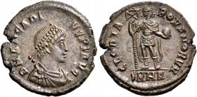 Arcadius, 383-408. Follis (Bronze, 22 mm, 4.50 g, 6 h), Heraclea, 392-395. D N ARCADI - VS P F AVG Pearl-diademed, draped and cuirassed bust of Arcadi...