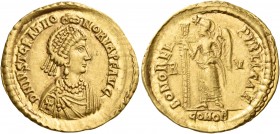 Justa Grata Honoria, Augusta, circa 426-450. Solidus (Gold, 21.5 mm, 4.34 g, 11 h), Ravenna, c. 439. D N IVST GRAT HO-NORIA P F AVG Diademed and drape...