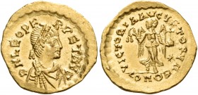 Leo I, 457-474. Tremissis (Gold, 13 mm, 1.50 g, 5 h), Constan­tinople, c. 462 or 466. D N LEO PF (sic!) – RPET AVG Diademed, draped and cuirassed bust...