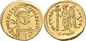 Anastasius I, 491-518. Solidus (Gold, 19 mm, 4.49 g, 6 h), Constantinople, 10th officina = Ι, 492-507. D N ANASTA-SIVS P P AVG Helmeted and cuirassed ...