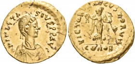Anastasius I, 491-518. Tremissis (Gold, 15 mm, 1.50 g, 6 h), Constan­tinople, 492-518. D N ANASTA-SIVS P P AVI Diademed, draped and cuirassed bust of ...