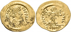 Maurice Tiberius, 582-602. Semissis (Gold, 18 mm, 2.19 g, 6 h), Constantinople, 583/4-602. D N MAVC-CI P P AVC Diademed, draped and cuirassed bust of ...