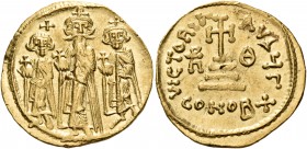 Heraclius, with Heraclius Constantine and Heraclonas, 610-641. Solidus (Gold, 20 mm, 4.46 g, 12 h), Constantinople, 3rd officina = Γ, indiction year Θ...