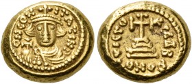 Constans II, 641-668. Solidus (Gold, 11.5 mm, 4.39 g, 7 h), Carthage, IY B = 2 = 643/4. N CON-STATINP Crowned and draped bust of Constans facing, bear...