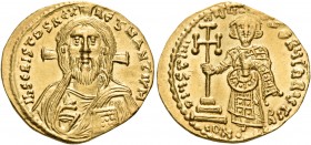 Justinian II, first reign, 685-695. Solidus (Gold, 20.5 mm, 4.48 g, 6 h), Constantinople, 4th officina = H, 692-695. IhS CRISTDS REX REGNANTIVM Draped...