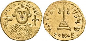 Leontius, 695-698. Solidus (Gold, 20 mm, 4.34 g, 6 h), Constan­tinople, 9th officina = Q, D LEO - N PE AV Crowned bust of Leontius facing, holding aka...