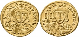Constantine V Copronymus, with Leo III, 741-775. Solidus (Gold, 20.5 mm, 4.44 g, 6 h), Constantinople, 745-750. d LE-ON P A MЧL Crowned and bearded bu...