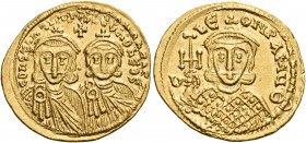 Constantine V Copronymus, with Leo IV and Leo III, 741-775. Solidus (Gold, 22.5 mm, 4.45 g, 7 h), Constantinople, 750-756. CO?SτA?τI?OS S LЄO? O ?ЄOS ...