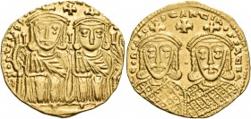 Constantine VI, with Leo III, Constantine V, and Leo IV, 780-797. Solidus (Gold, 22 mm, 4.44 g, 6 h), Constantinople, 780-787. LЄO? VS S ЄqqO? [CO?SτA...