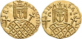 Irene, 797-802. Solidus (Gold, 20 mm, 3.84 g, 7 h), Syracuse, 798- 802. EIRIh bASILISSII Crowned bust of Irene facing, wearing loros and holding a glo...