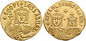 Theophilus, with Michael II and Constantine, 829-842. Solidus (Gold, 21 mm, 4.47 g, 6 h), Constantinople, 830/1-840. *ΘEOFILOS bASIL E Χ Crowned facin...