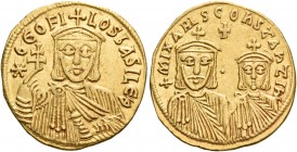 Theophilus, with Michael II and Constantine, 829-842. Solidus (Gold, 20 mm, 4.32 g, 6 h), Constantinople, 830/1-840. ?ΘEOFI-LOS bASIL E'Θ Crowned faci...