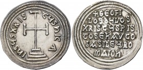 Theophilus, 829-842. Miliaresion (Silver, 27 mm, 3.27 g), Constantinople, 830/1-838. IhSЧS XRIStЧS hICA Cross potent on base and three steps; all with...