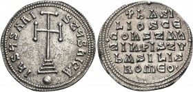 Basil I the Macedonian, with Constantine, 867-886. Miliaresion (Silver, 24 mm, 2.79 g, 1 h), Constantinople, 868-879. IhSuS XRI-StuS nICA Cross potent...