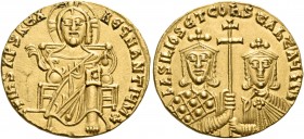 Basil I the Macedonian, with Constantine VII, 867-886. Solidus (Gold, 19 mm, 4.45 g, 6 h), Constantinople, circa 871-876. +IhS XRS REX REGNANTIUM ? Ch...