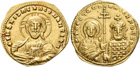 Nicephorus II Phocas, 963-969. Histamenon nomisma (Gold, 21 mm, 4.42 g, 6 h), Constantinople. +IhS XIS REX REGNANTIhM Bust of Christ Pantocrator facin...