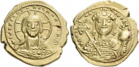 Constantine IX Monomachus, 1042-1055. Tetarteron (Gold, 18 mm, 4.10 g, 6 h), Constantinople. +IhC XIC RCX RCGNΛNTIhm Bust of Christ Pantokrator facing...
