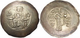 Alexius I Comnenus, 1081-1118. Aspron Trachy (Electrum, 27 mm, 4.51 g, 6 h), post-reform coinage, 1092-1118. MΡ ΘV The Virgin Mary, nimbate, seated fa...