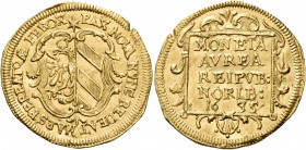Germany 
Nuremberg. 1635. Ducat (Gold, 23 mm, 3.55 g, 12 h). PAX NOVA NVNC REDEAT MARS PEREATQÆ FEROX Arms of Nuremberg within elaborate baroque fram...