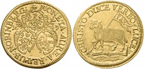 Germany 
Nuremberg. 1649. Ducat (Gold, 22 mm, 3.47 g, 12 h), Lamb-Ducat, on the Peace of Westphalia. + MONETA.AUREA.REIPUB: NORINBERG: / 16 - 49 Thre...