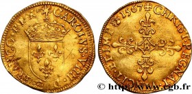 CHARLES IX
Type : Écu d'or au soleil, 1er type 
Date : 1567 
Mint name / Town : Rouen 
Quantity minted : 80300 
Metal : gold 
Millesimal fineness : 95...